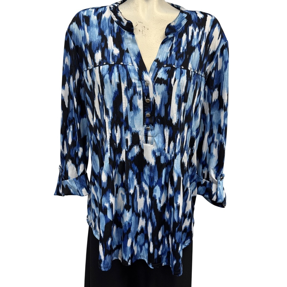 Abstract Print Button‎ Up Tunic Top Blouse Blue Black White READ DESCRIPTION